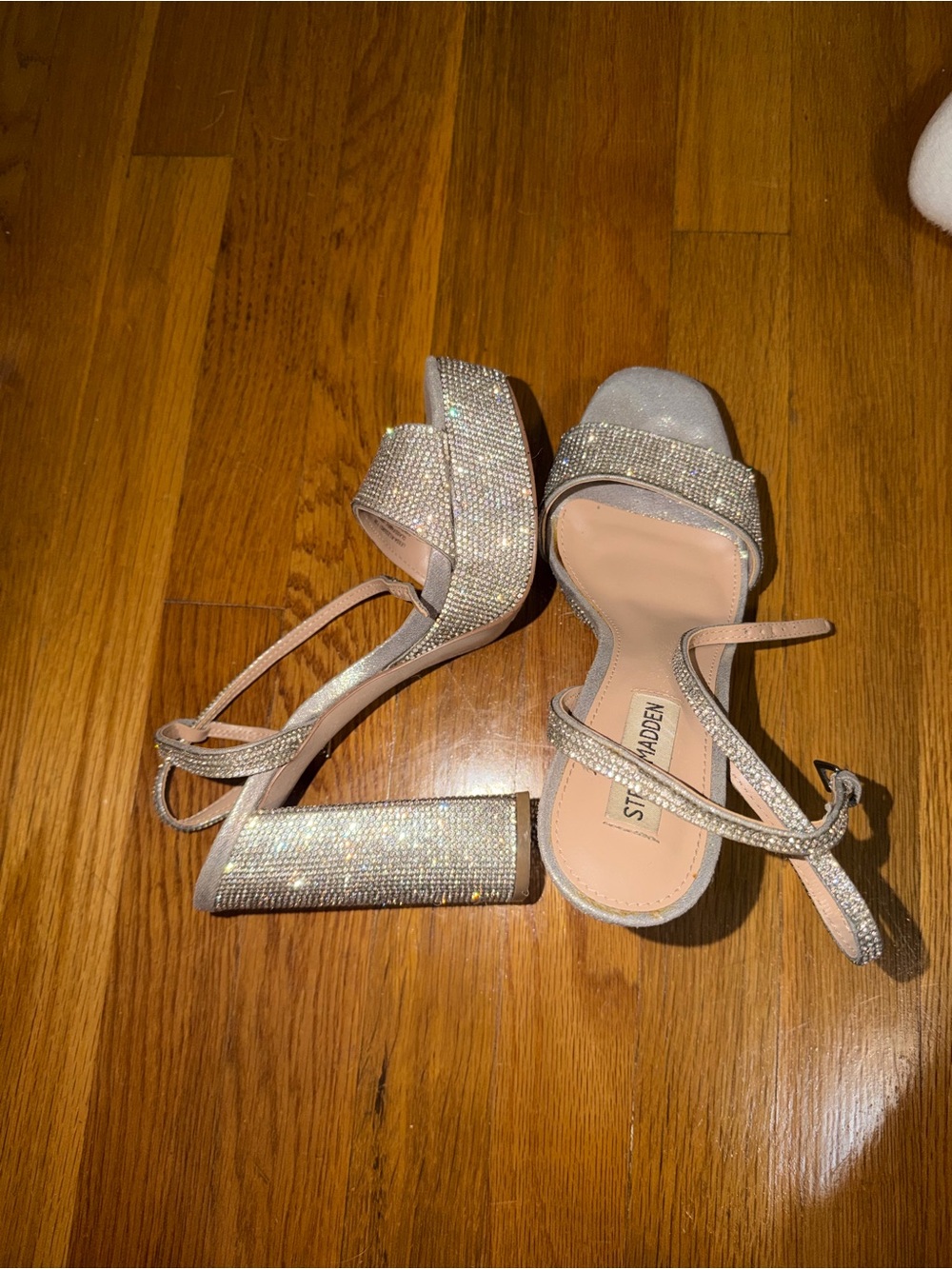 Steve Madden Silver Crystal Embellished Block Heel Sandals